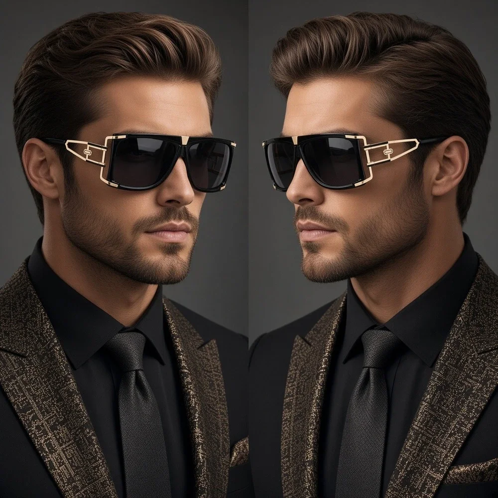 Mens Oversized Square Sunglasses Black Gold Flat Top Luxury Style Hip Hop Classy